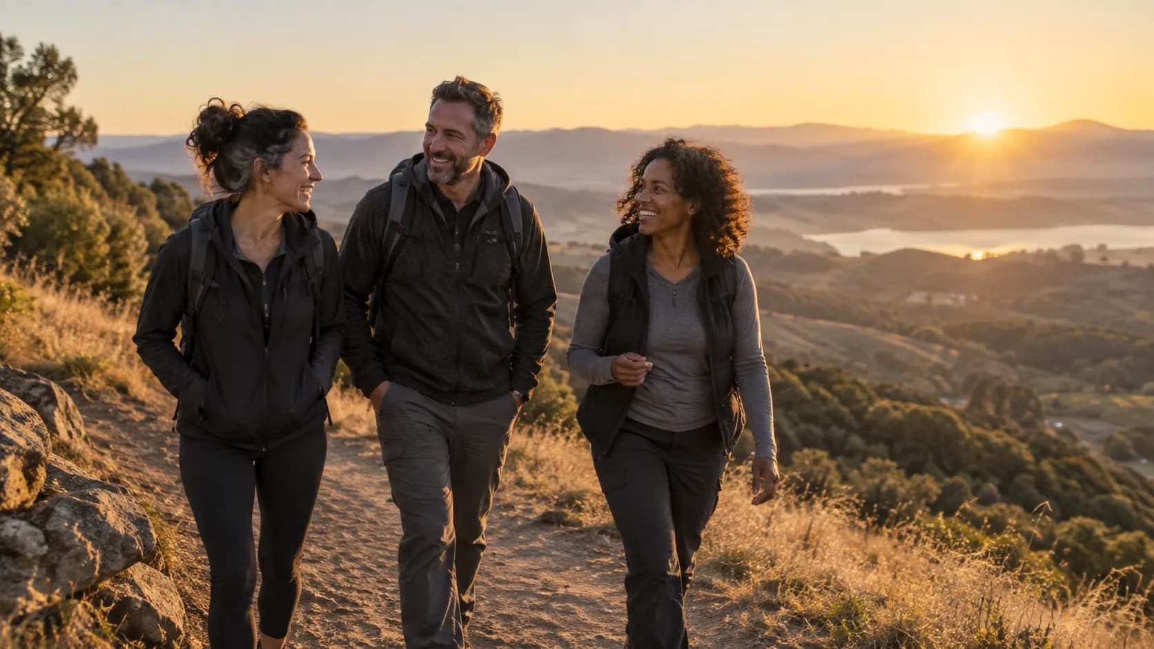 Illustrative scene of friends sharing a walk in the golden foothills
